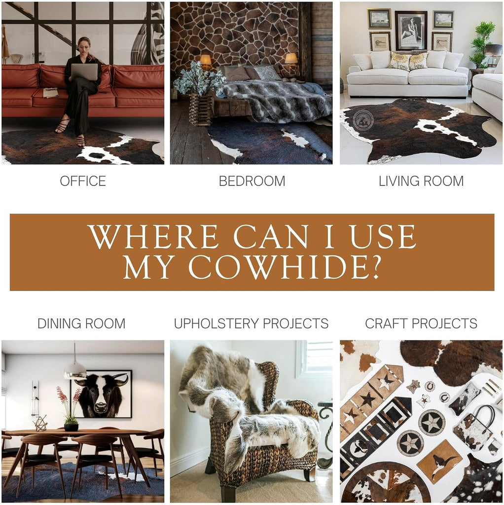 Genuine Cowhide Rug - Rustic Cowskin Carpet , Dining, & Office - Thick Animal Skin for Floor, Wall, Table Décor