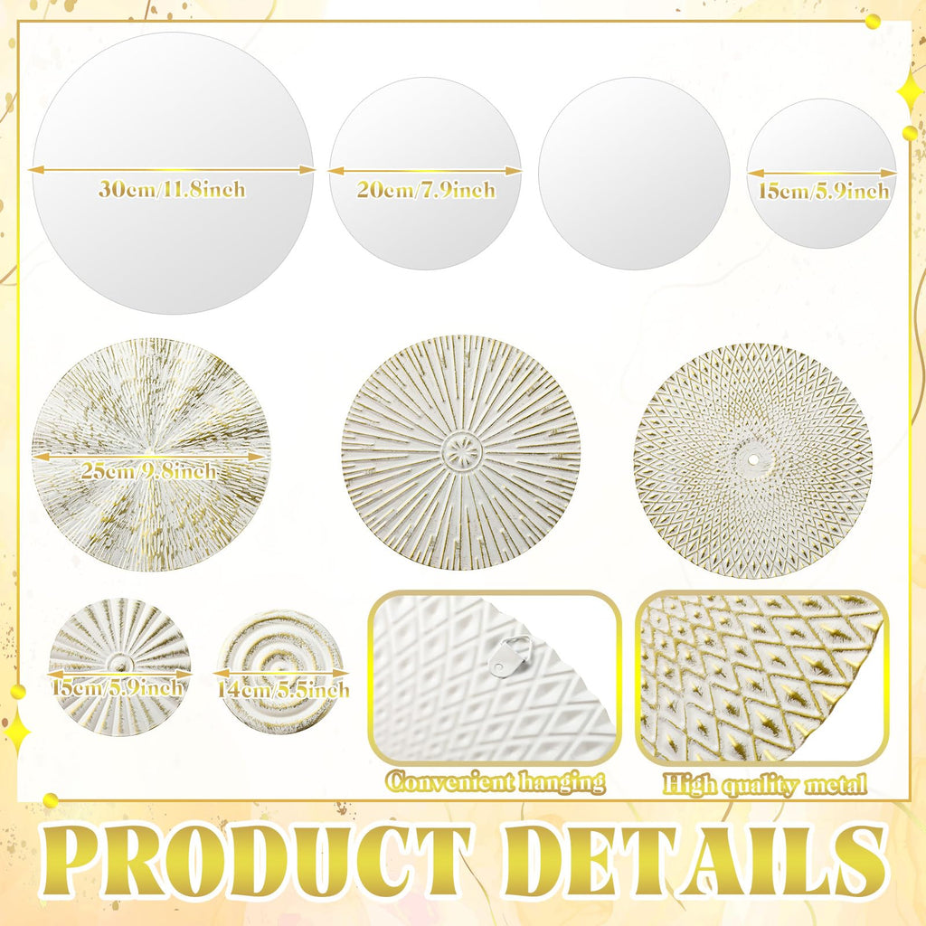 9 Pcs White Gold Mirror Wall Decor Metal Round