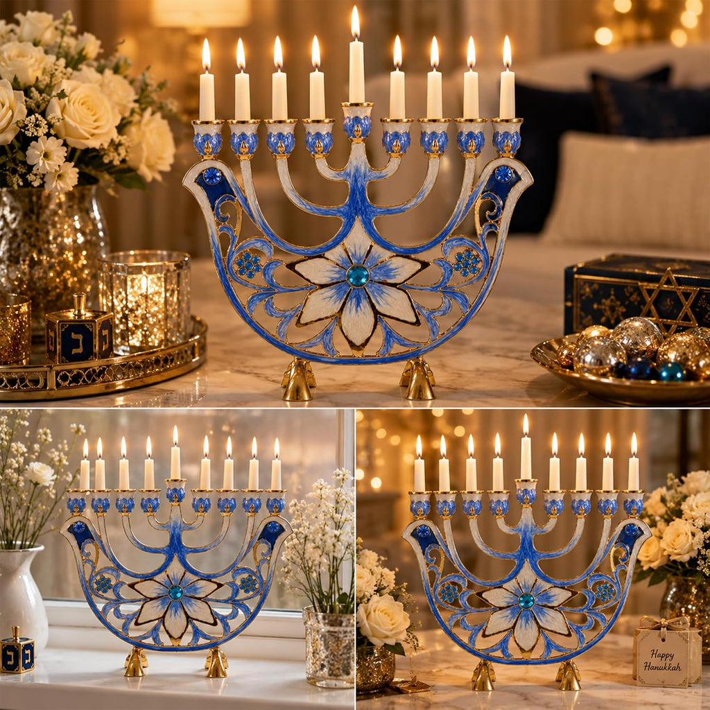 Hand Painted Blue and Ivory Flower Candelabra, Embellished