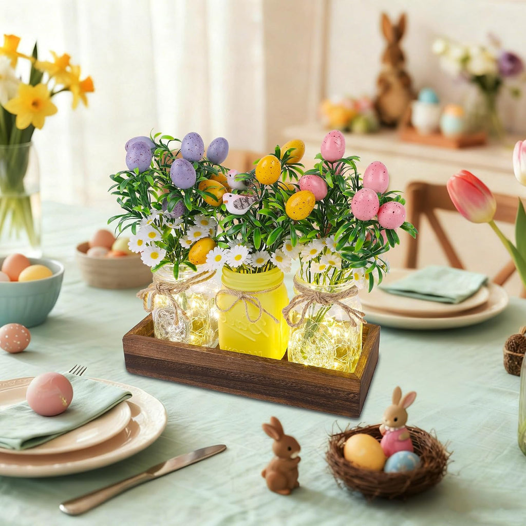 Easter Decorations, Easter Table Centerpiece with Egg Picks in Glass Vases, Wood Tray & Led Lights with Timer, Spring - Set of 3