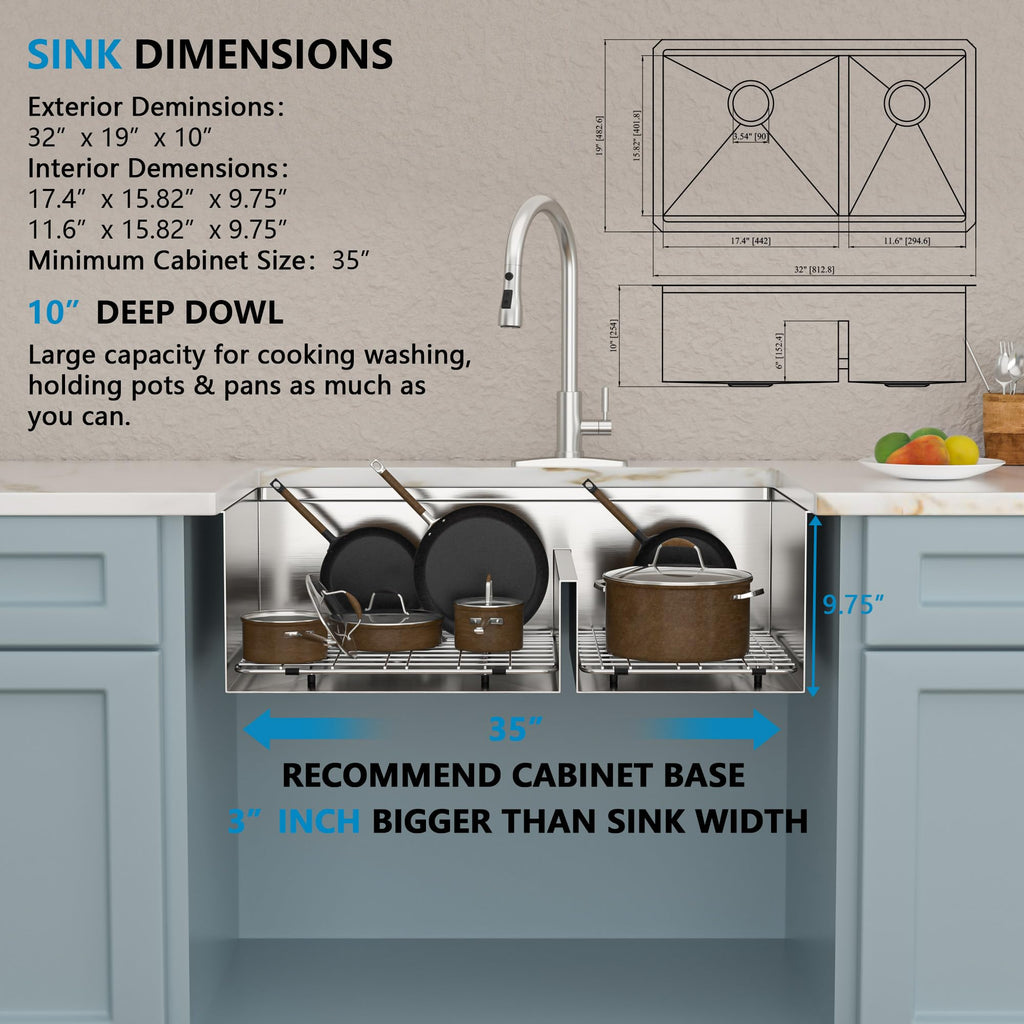 32"x19" Undermount Double Bowl Kitchen Sink