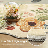 8ft Round Floral Washable Area Rug Beige Neutral Vintage Flower Botanical Cottage Boho Cream Scallop