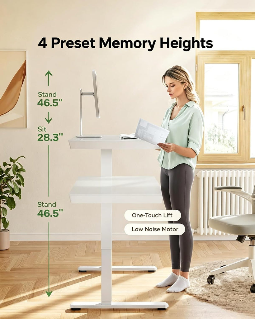 Glass Standing Desk with Drawer, 48 x 24 inch Electric Standing Desk, Height Adjustable Desk with One-Piece Tabletop