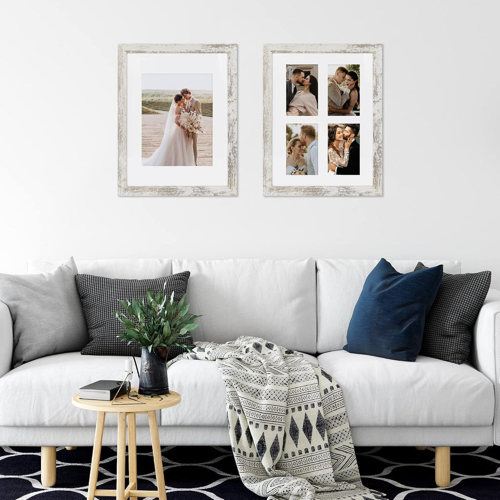 11x14 Picture Frame Set of 4, Made of Glass and Distressed White Wooden Frame, Display 8x10 Pictures with Mat or 11 x
