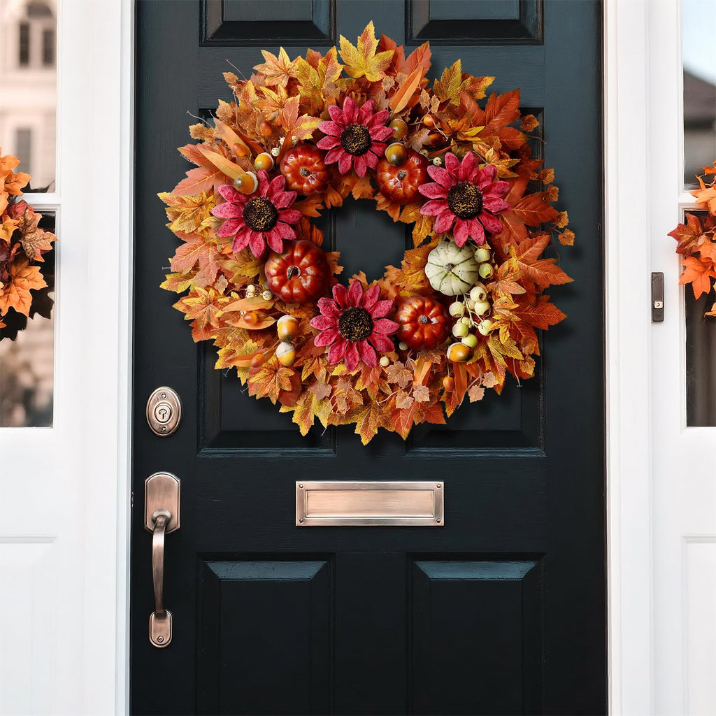 28" Large Artificial Flowers Fall Wreath for Front Door Decor (Fall Orange)