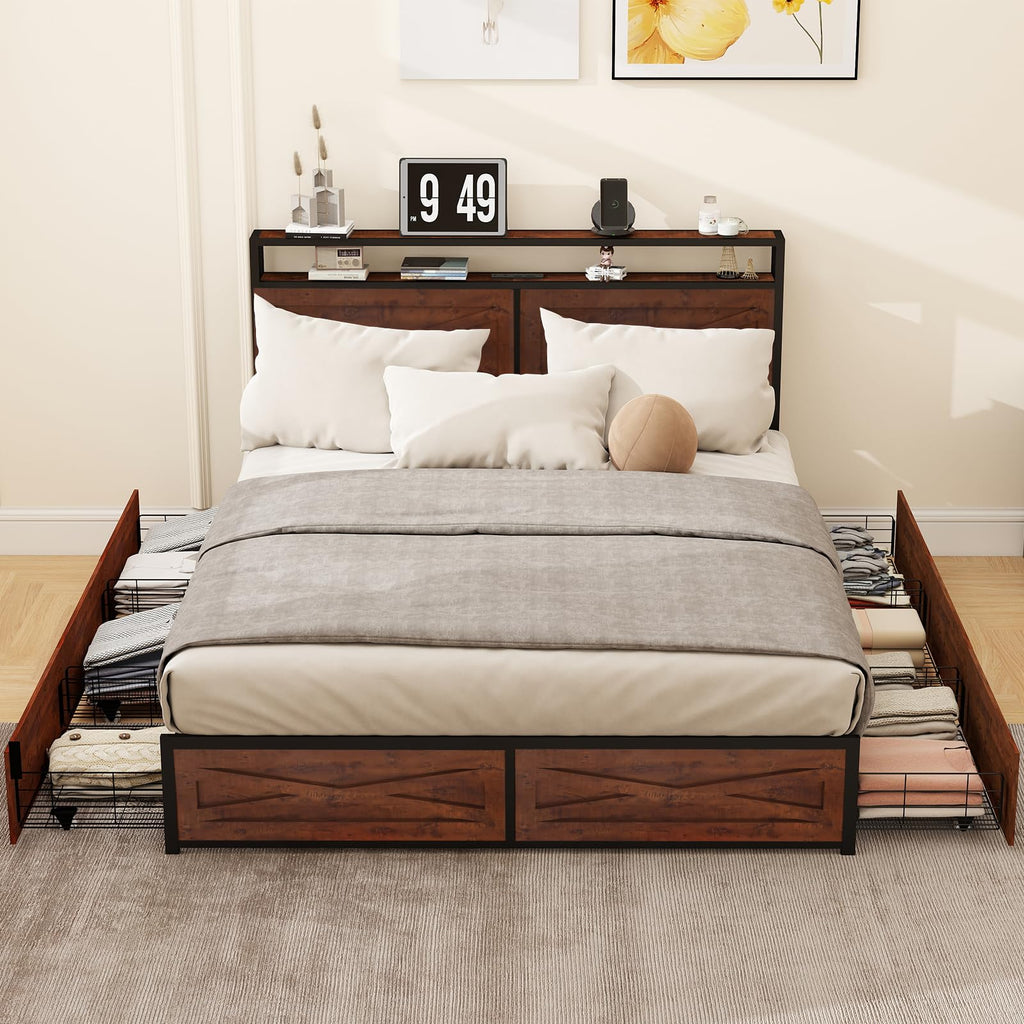 LED Bed Frame with 6 Storage Drawers, Farmhouse Headboard w/Charging Ports Station - Size Platform Bed Frame