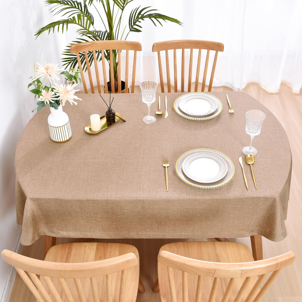 Faux Linen Oval Tablecloth Heavy Duty Wrinkle Resistant Fabric Table Cloths 60 x 84 Inch Flaxen Farmhouse Rustic