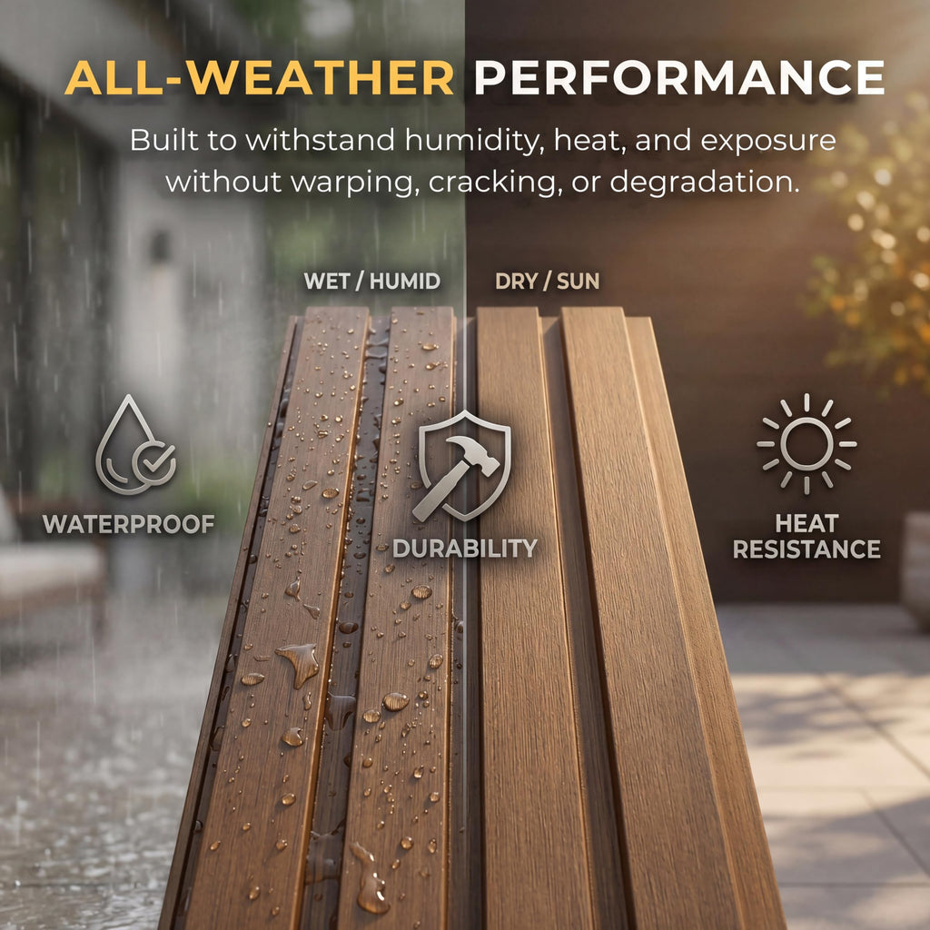 WPC Exterior Wall Slat Panels Waterproof Outdoor Composite Siding Cladding 94.5 in x 8.62 in 28.3 sq.ft Teak 5 Pack