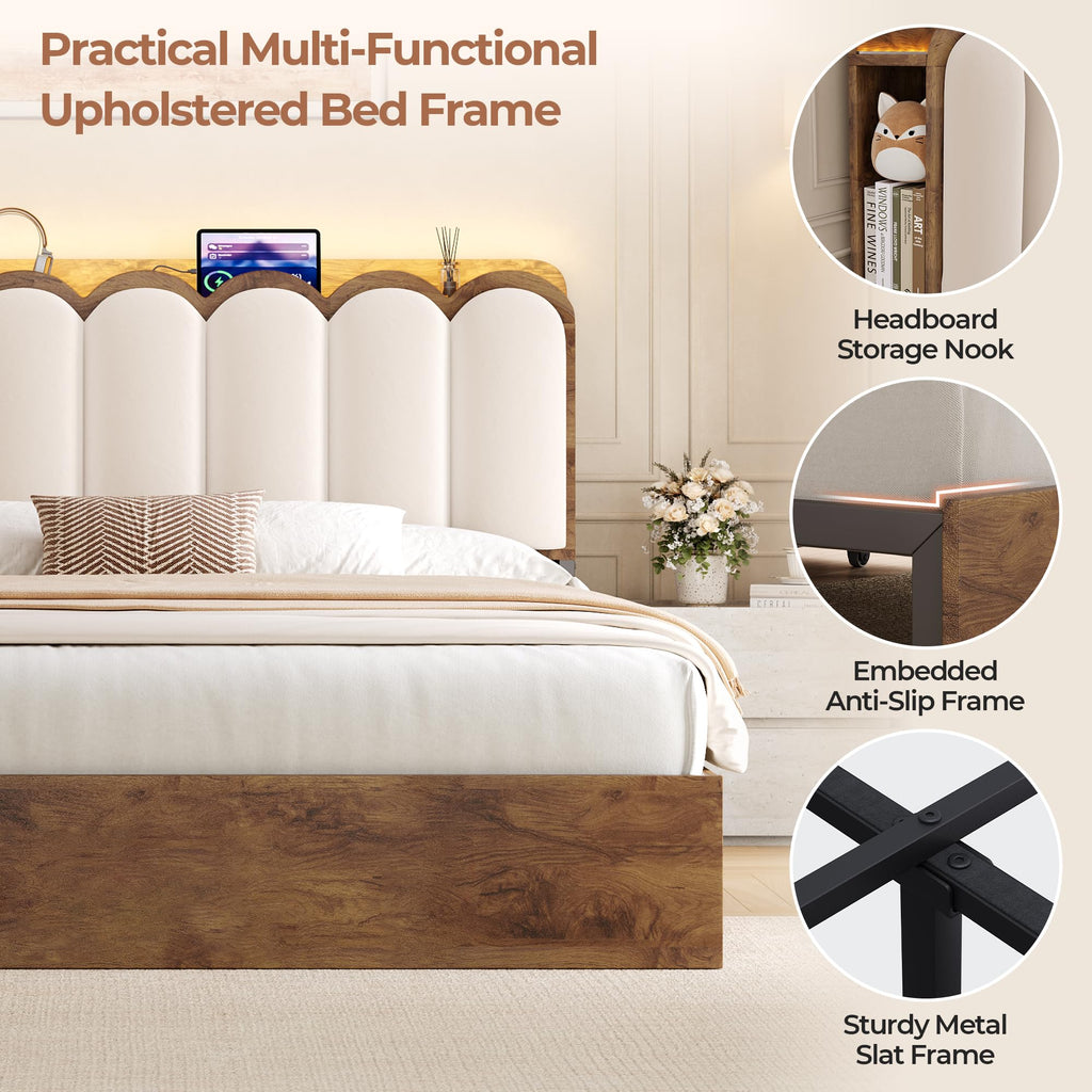 Bed Frame with 2 Storage Drawers, Charging Station & RGB LED Lights, Upholstered Storage Headboard, Cream White