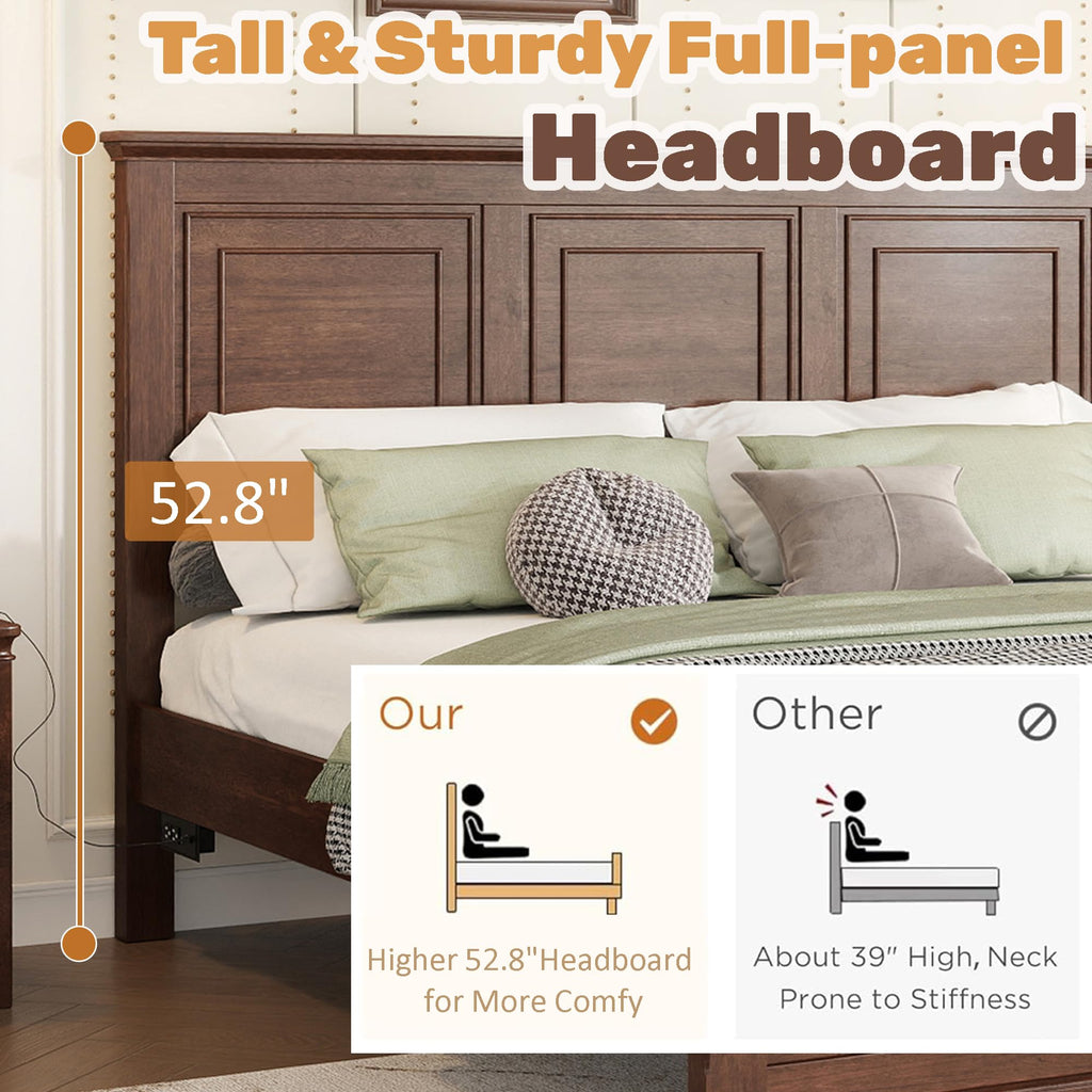 Farmhouse Bed Frame Tall Headboard and Footboard, Pinewood Panel Bed with USB Charging Station and