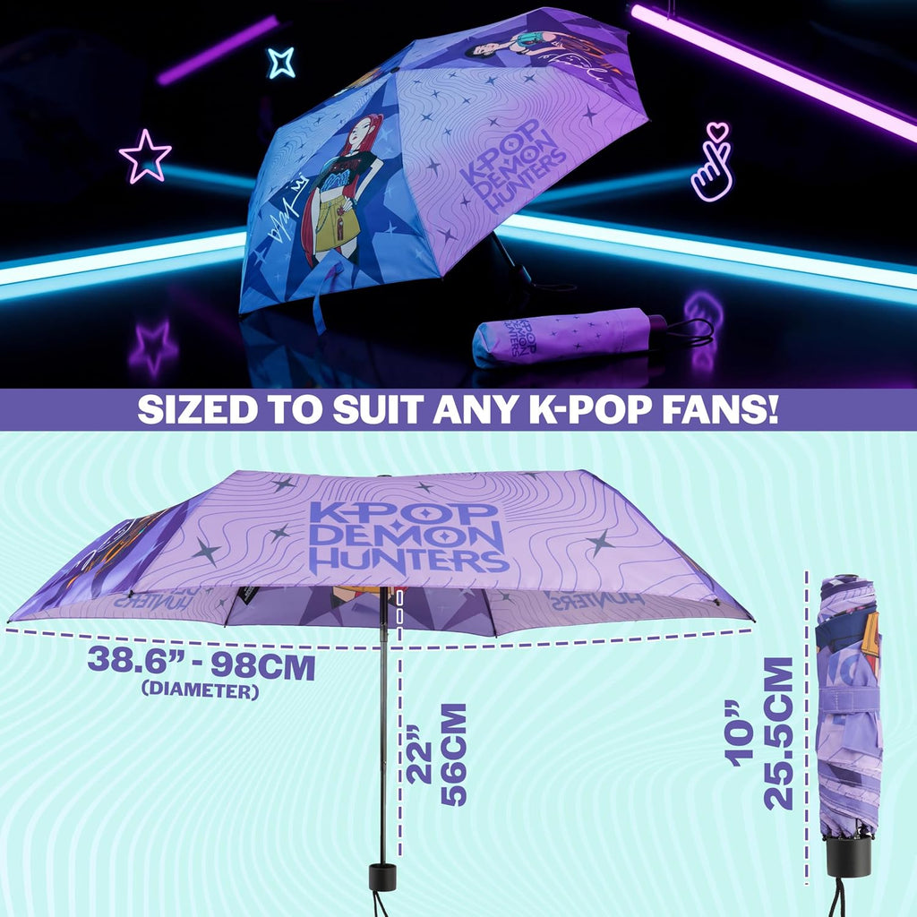 KPop Demon Hunters Windproof Travel Umbrella, Huntrix Strong Folding Compact Umbrellas for Rain, Light Portable Kids