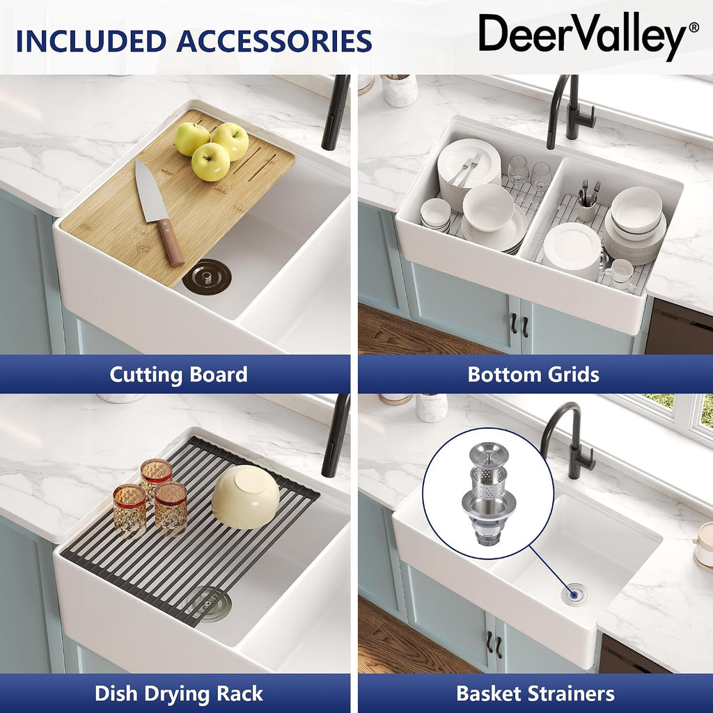 Double Bowl Workstation Kitchen Sink 36 Inch | Fireclay Deep Farmhouse Apron Front Kitchen Sinks, White Undermount