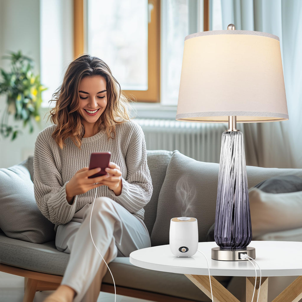 Glass Table Lamps Set of 2, Modern Bedside Lamps s with USB A+C Ports, 3-Way Dimmable Touch Control Nightstand Lamp