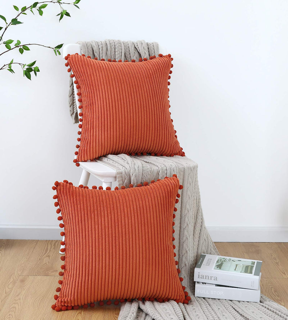 Burnt Orange Striped Corduroy Throw Pillow Covers 18x18 Pack of 2