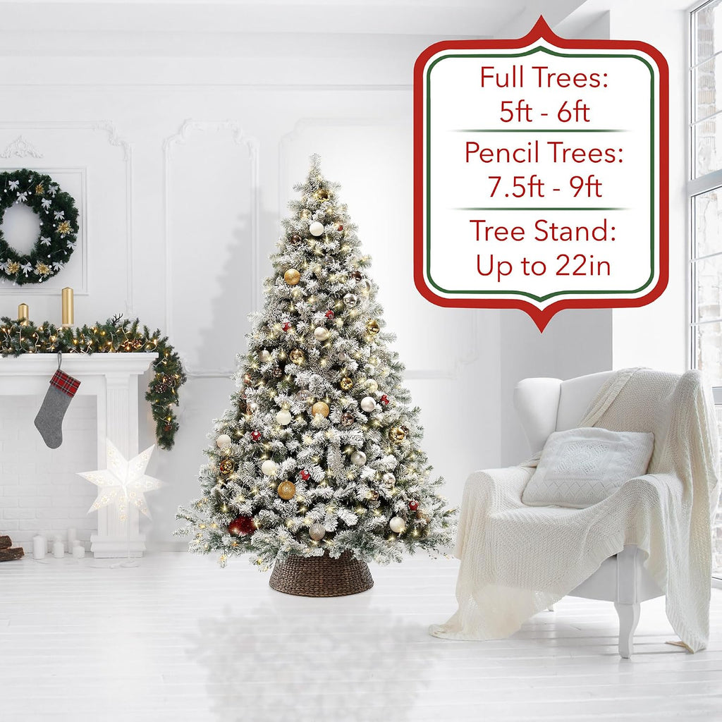 24-Inch Christmas Tree Collar, Woven Water Hyacinth Tree Base Cover with Cord Cut Out, Espresso