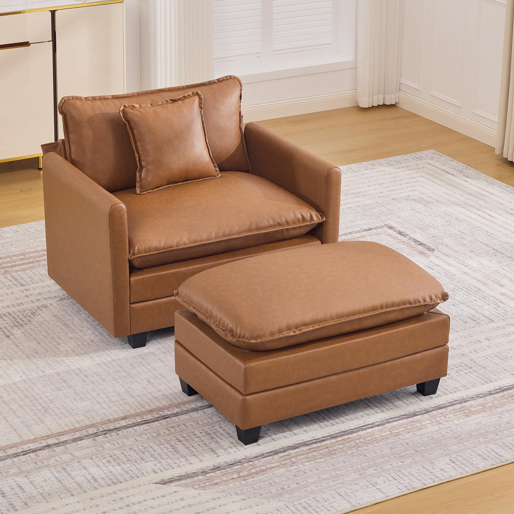 35'' Modern Leather Cloud Sofa Ottoman, Rectangle Ottoman for Modular Sectional Sofa, Leather Light Brown