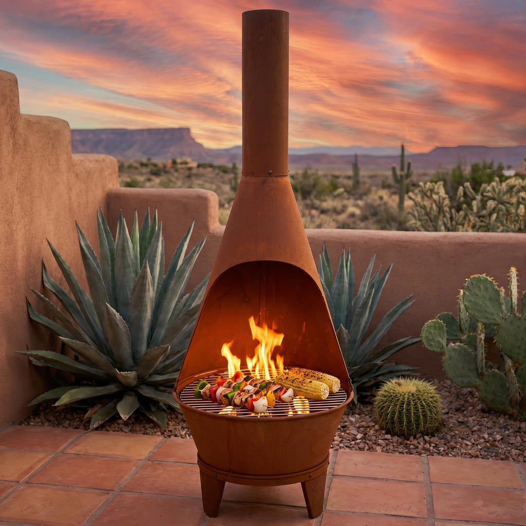 Large Chiminea Outdoor Fireplace with Grill Grate, Rustic, 58"