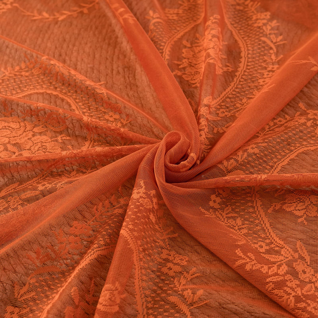 Burnt Orange Lace Sheer Curtains 96 inches Long 2 Panels Set, Rust Terracotta Boho Florals Embroidery Vintage Window