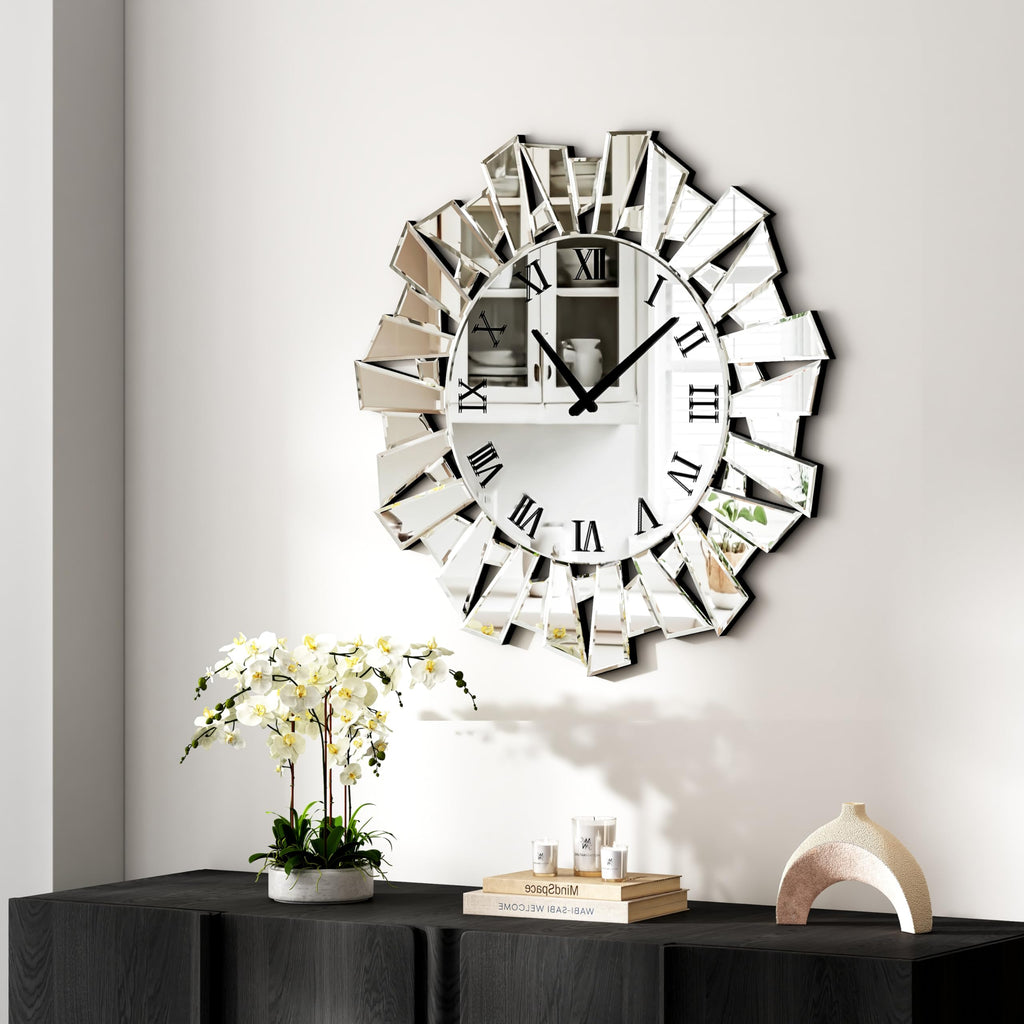 Silver Wall Clock, 24" Large Modern Mirror Clock