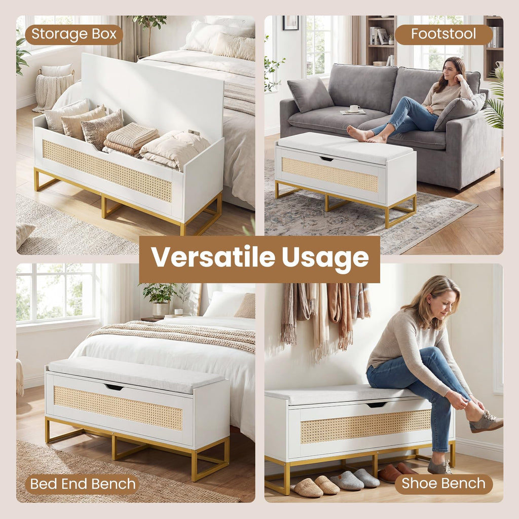Rattan Shoe Bench, Flip-Top Entryway Bench with Removable Padded Seat & Hidden Storage, Wooden Shoe Storage Chest