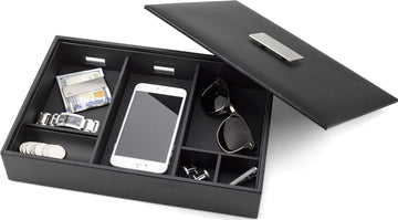 Mens Valet Tray/Dresser Organizer & Lid - 6 Slot Luxury Jewelry Accessories Box, Carbon Fiber Design & Metal Buckle