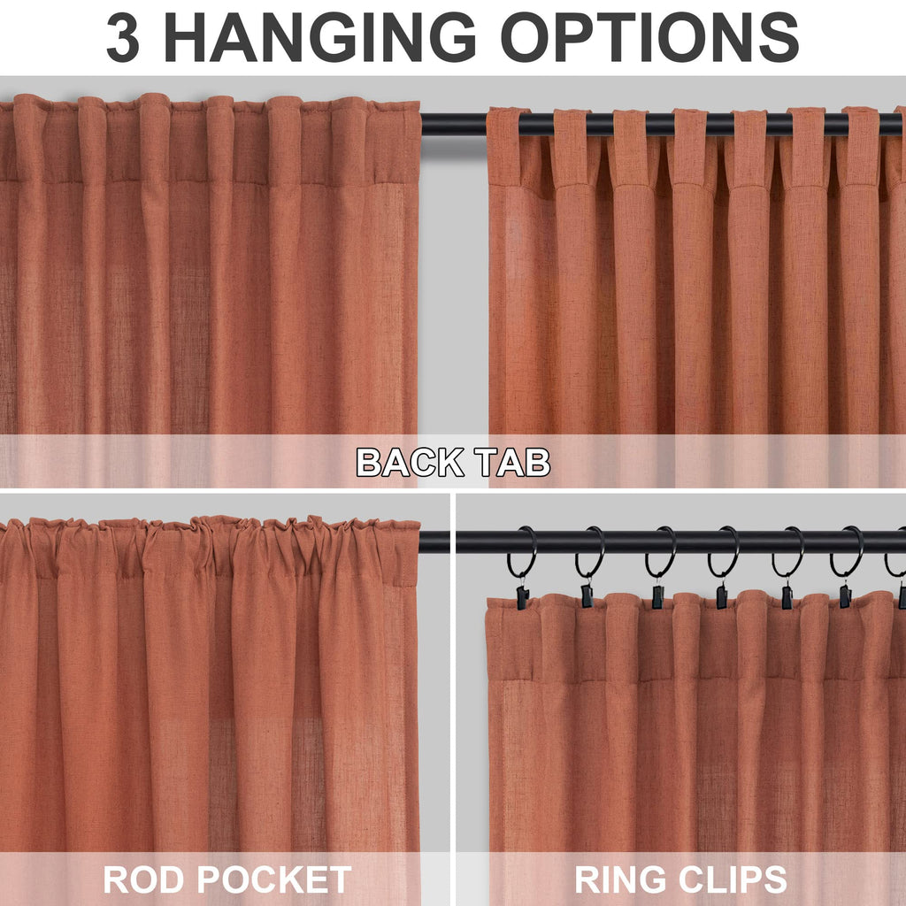 Burnt Orange Curtains 90 Inches Long Dining 2 Panels Back Tab Pocket Light Airy Breathable Flowing Cotton Textured