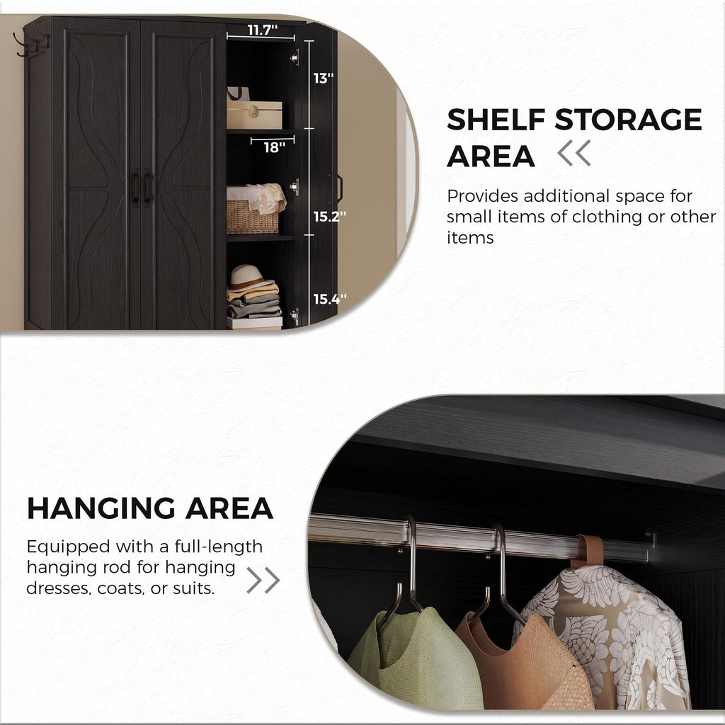 Armoire Wardrobe Closet with 4 Doors and Drawers, Black
