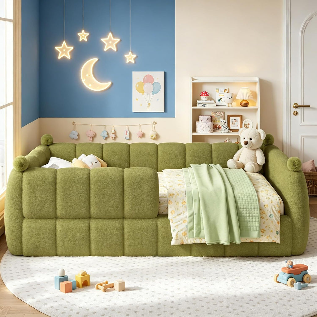 Upholstered Montessori Floor Bed with Fence, Green
