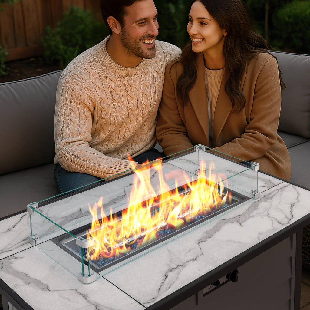 43'' Patio Propane Fire Pit Table, 50, 000 BTU Gas Fire Pit with Marble-Textured Glass Top, Wind Guard, Lid, Glass