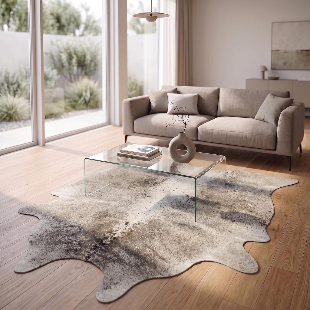 XL Genuine Cowhide Pelt, 92x78 in Grey Beige Accent Rug P25 | Handpicked from Brazil with natural spill resistance