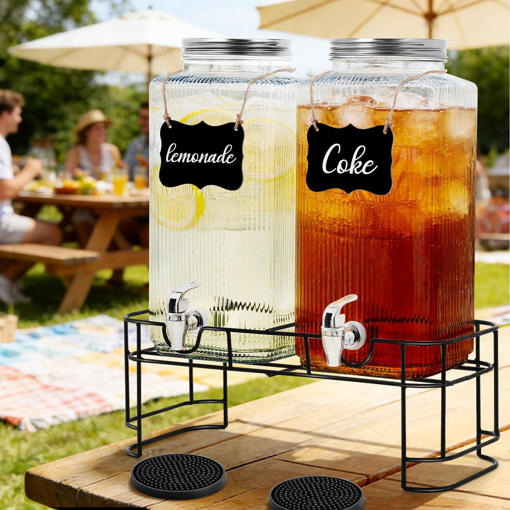 Gallon Glass Drink Dispenser with Stand Spigot Drink Coasters and Filter Leakproof Water Jar Clear Iced - Set of 2