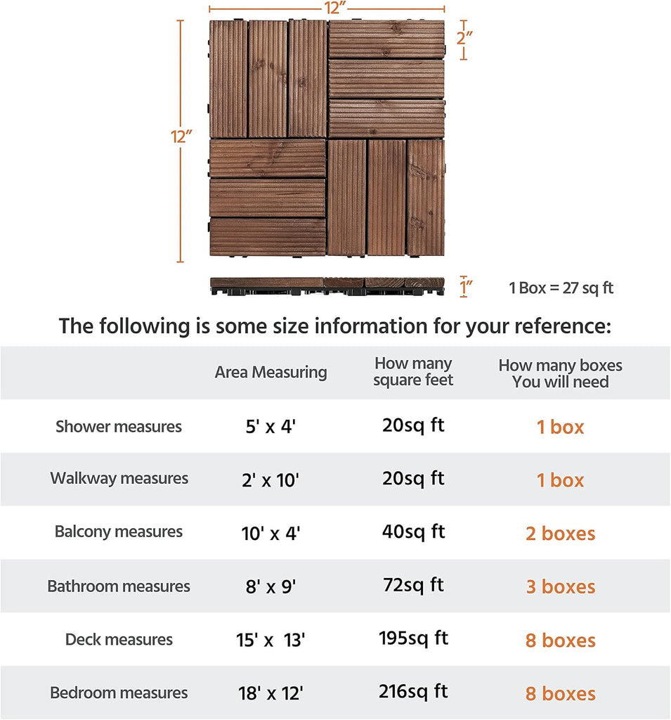 27PCS Wooden Decking Tiles 12 x 12in Hardwood Interlocking Patio Deck Tiles Composite Balcony Floor Covering for