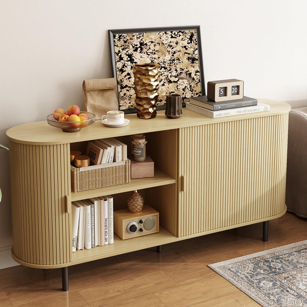 63" Sideboard Buffet Cabinet, Sliding Door/Adjustable Shelf, Oak