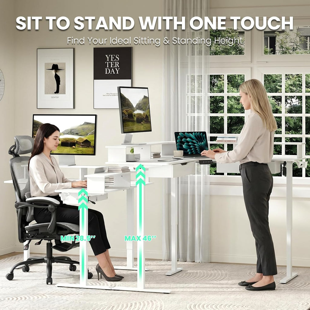59" L Shaped Electric Standing Desk with Drawers, Height Adjustable Desk with Power Outlets & LED Lights, Monitor