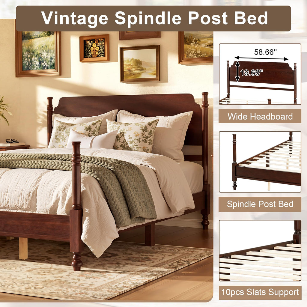 Spindle Platform Bed with Headboard, Dark Walnut