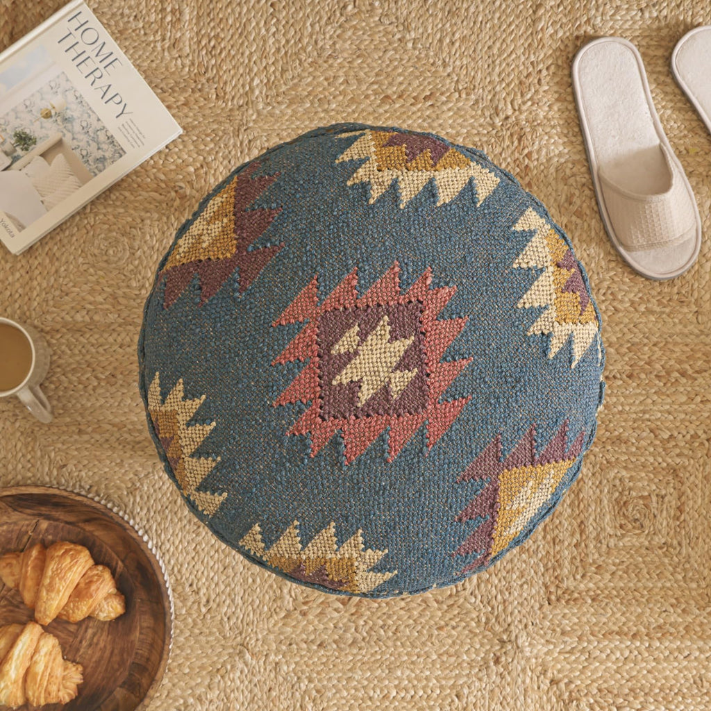 Handmade Kilim Jute Pouf Ottoman Stool | Round Upholstered Seating with Acacia Wood Base | Decorative Foot Rest &