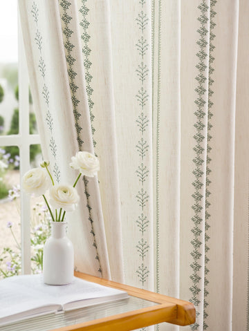 Sage Green Floral Pinch Pleated Curtains 108 Inches Long, Block Print Vintage Farmhouse Linen Blend Light Filtering