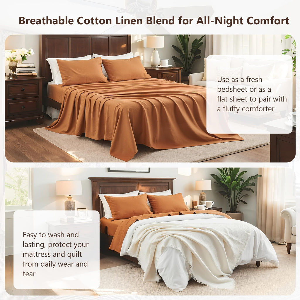 Flax Linen Sheet Set, 4PCS Natural Linen Cotton Bed Sheet with 1 Flat Sheet, 1 Fitted Sheet & 2