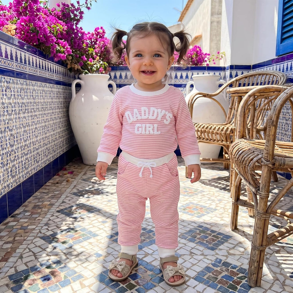 Baby Girl Fall Outfit Romper Long Sleeve Letter Embroidery Jumpsuit Bodysuit Pants Infant Waffle Clothes Set