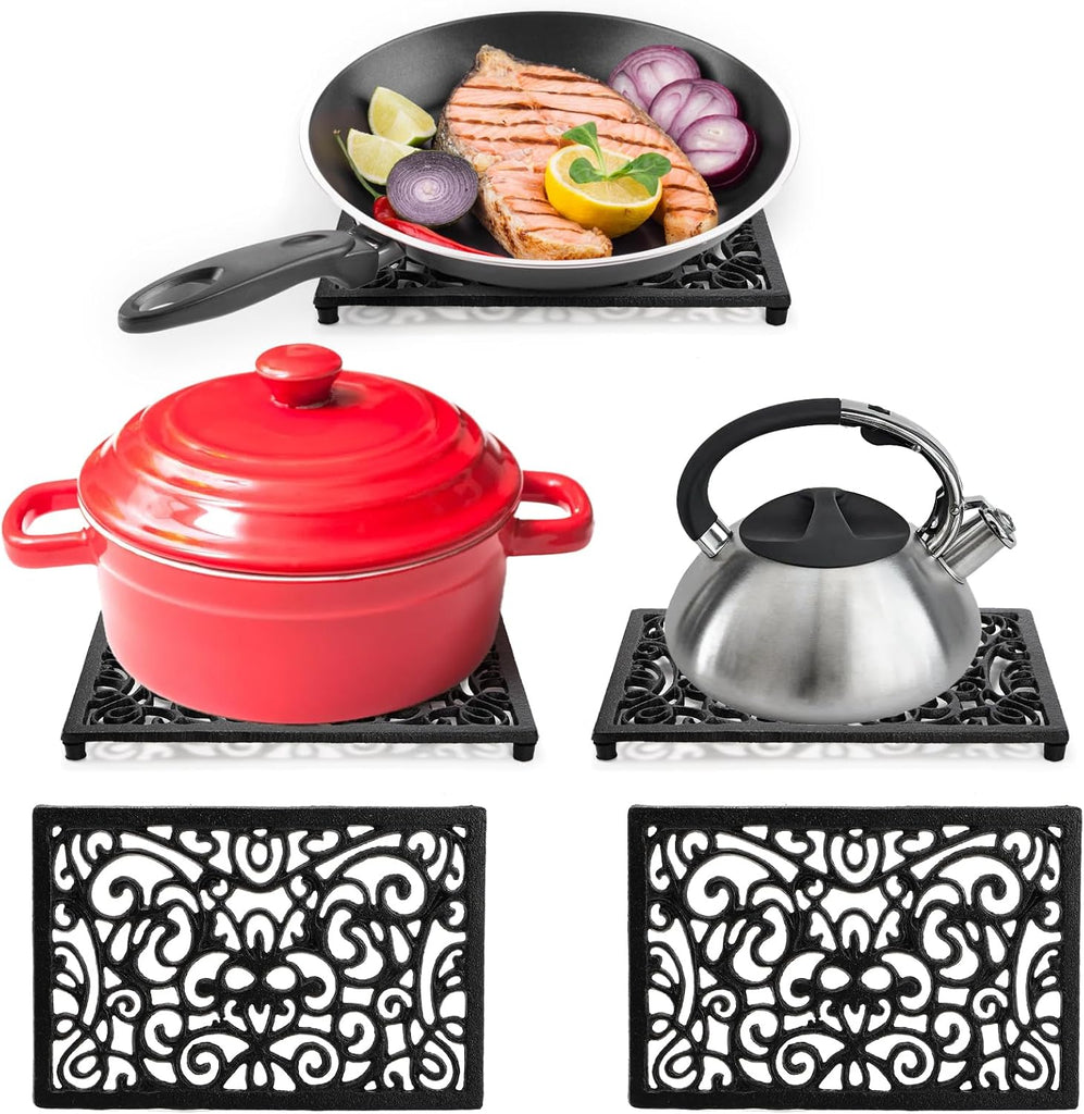 Cast Iron Trivet for Hot Pots and Pans, Heat Resident Rectangle Trivet Stands Holders for Wood Stove Skillet - Set of 2