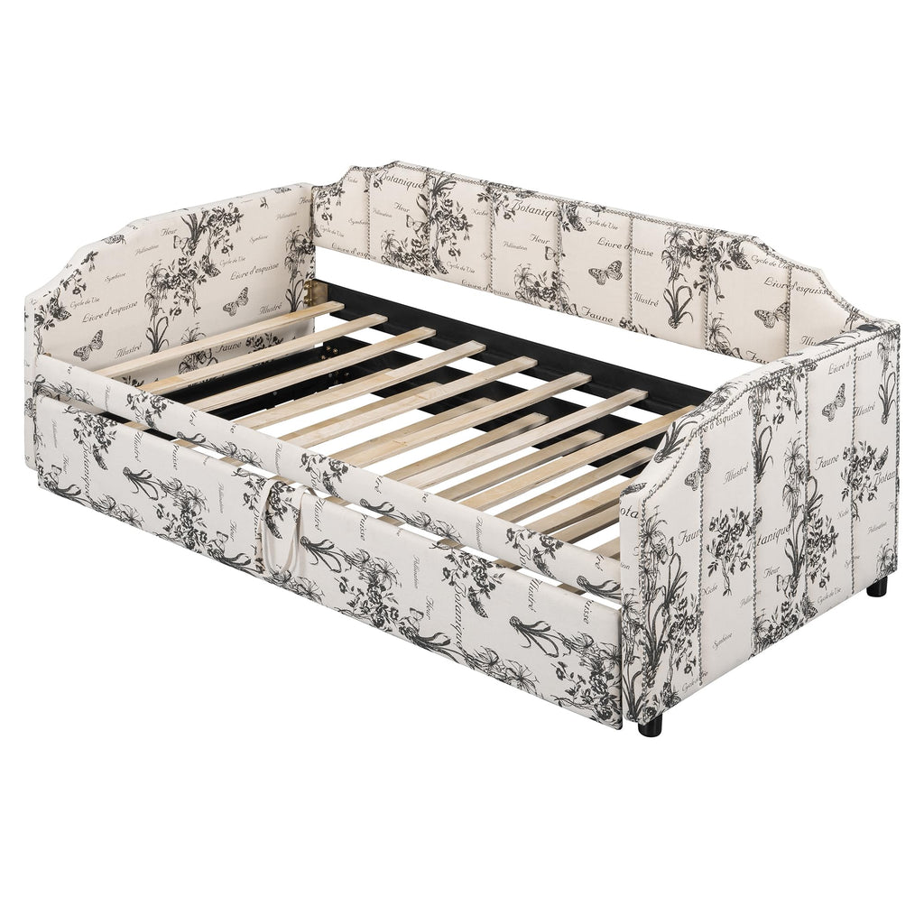 Twin Size Daybed with Trundle, Linen Upholstered Extendable Sofa Bed Frame with USB Ports, Space-Saving Twin to King