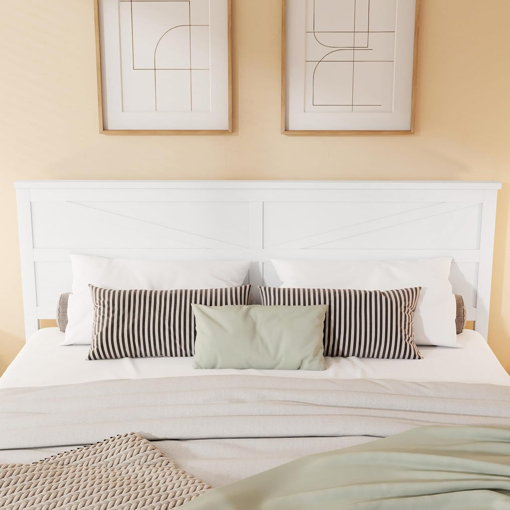 Rustic Platform Bed Frame with Barn Door Design Headboard and Footboard for Bedroom, King Pine Wood Bed with Wooden