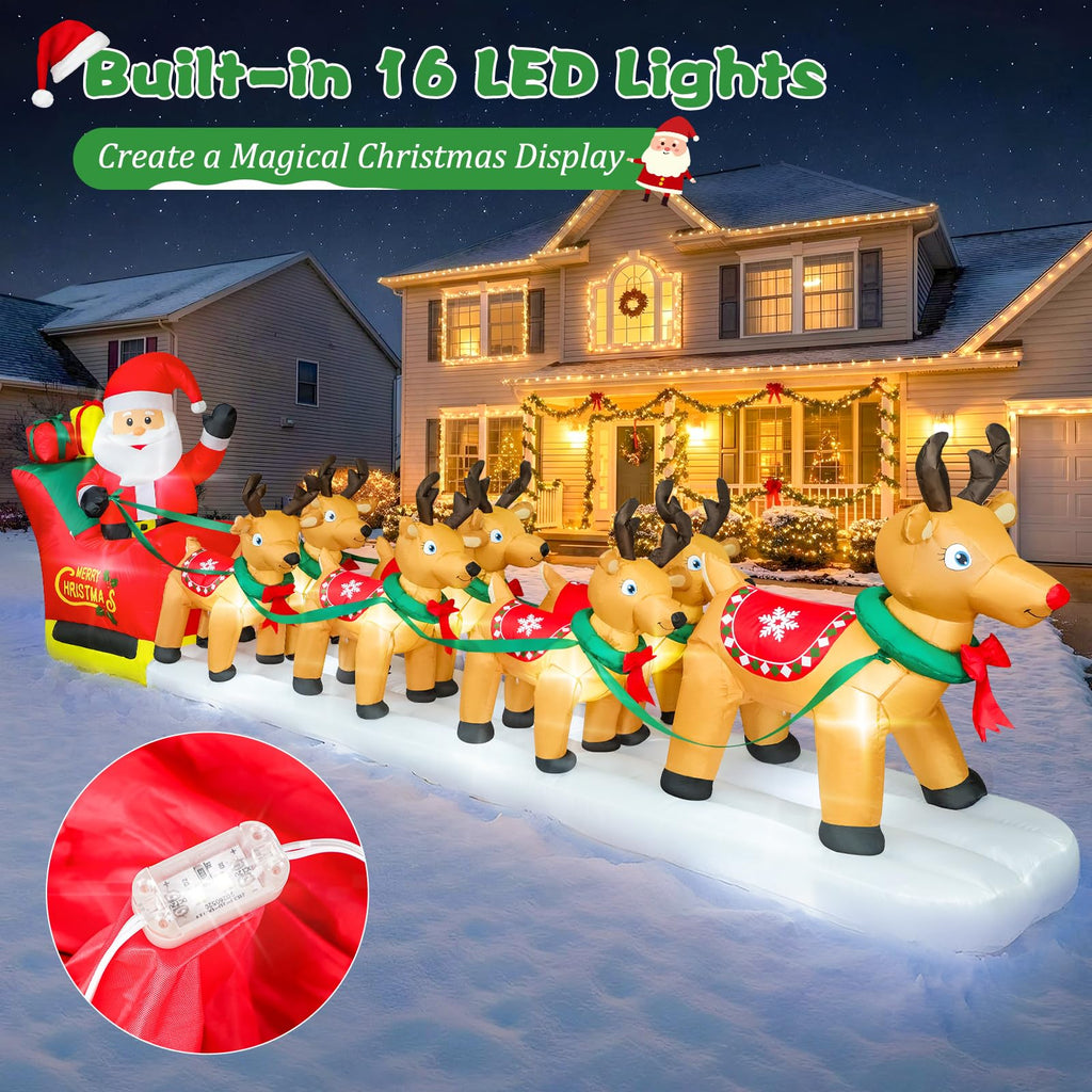 12.5 FT Long Christmas Inflatable Santa Claus on Sleigh with 7 Reindeers