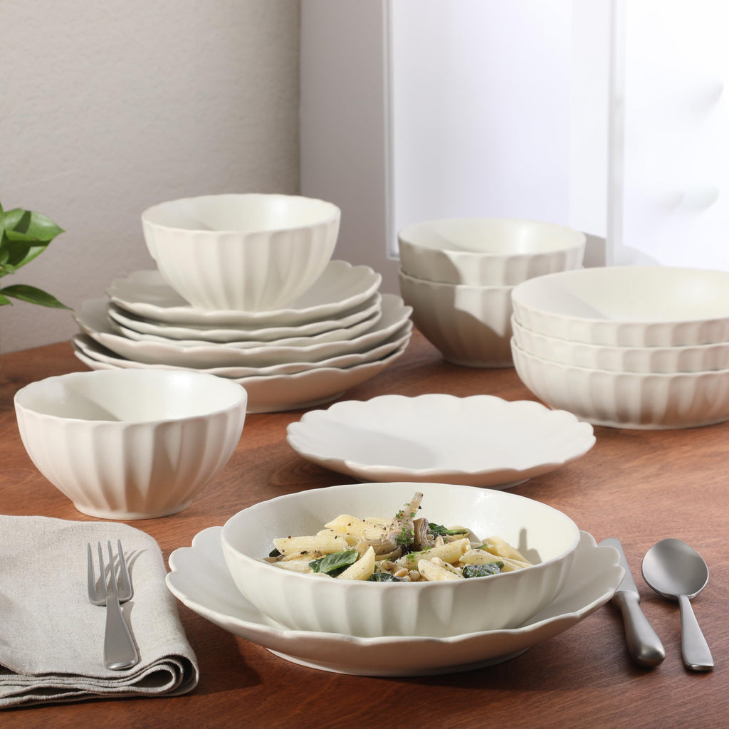 Malibu Shore 16 Piece Scalloped Edge Stoneware Matte Reactive Glaze (Service for 4) Ceramic Plates and Bowls