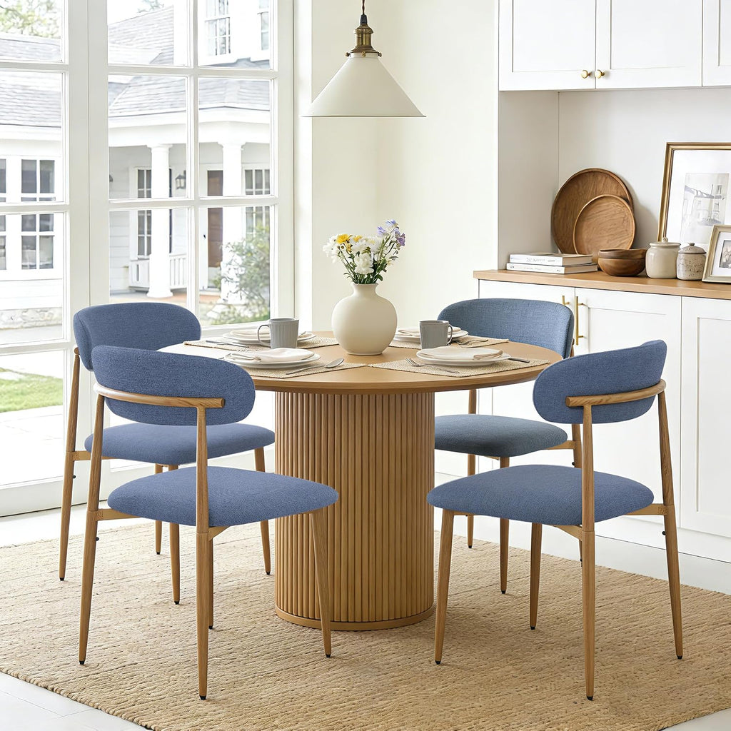 Modern Upholstered Dining Chairs Set of 4, Mid-Century Metal Frame with Wood Grain, Linen Fabric Side Chair for