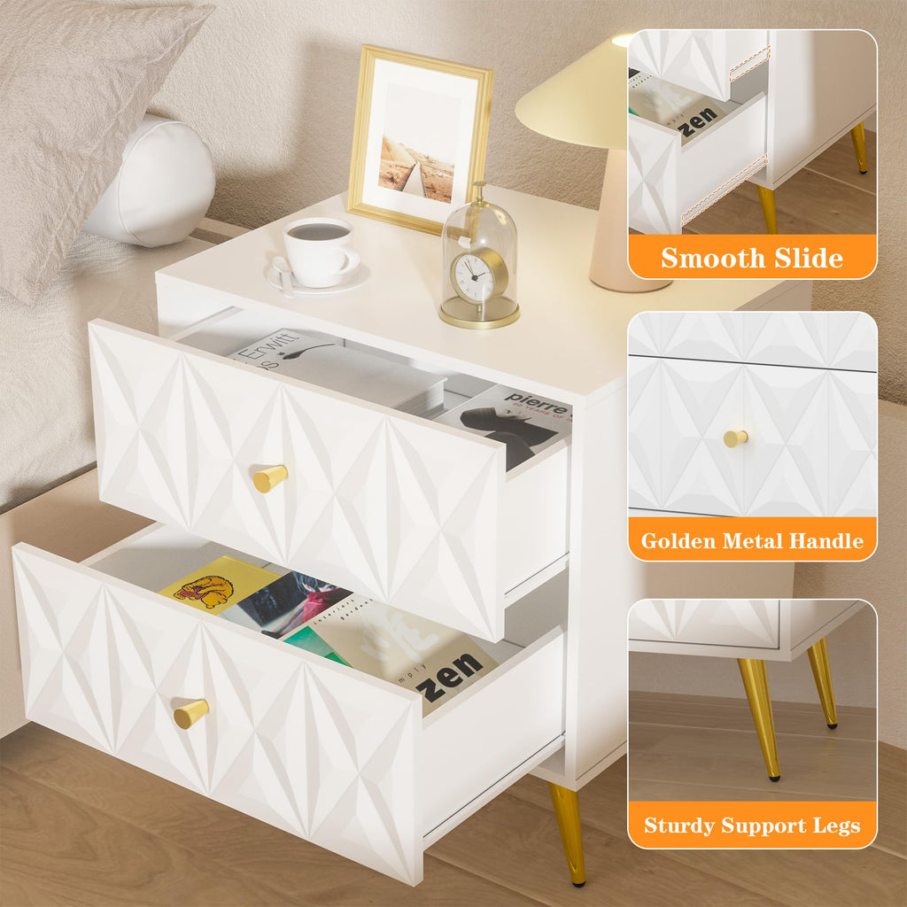 Nightstand Set of 2, White and Gold Nightstands with 2 Diamond Pattern Drawers, Modern End Table Side Table with Gold