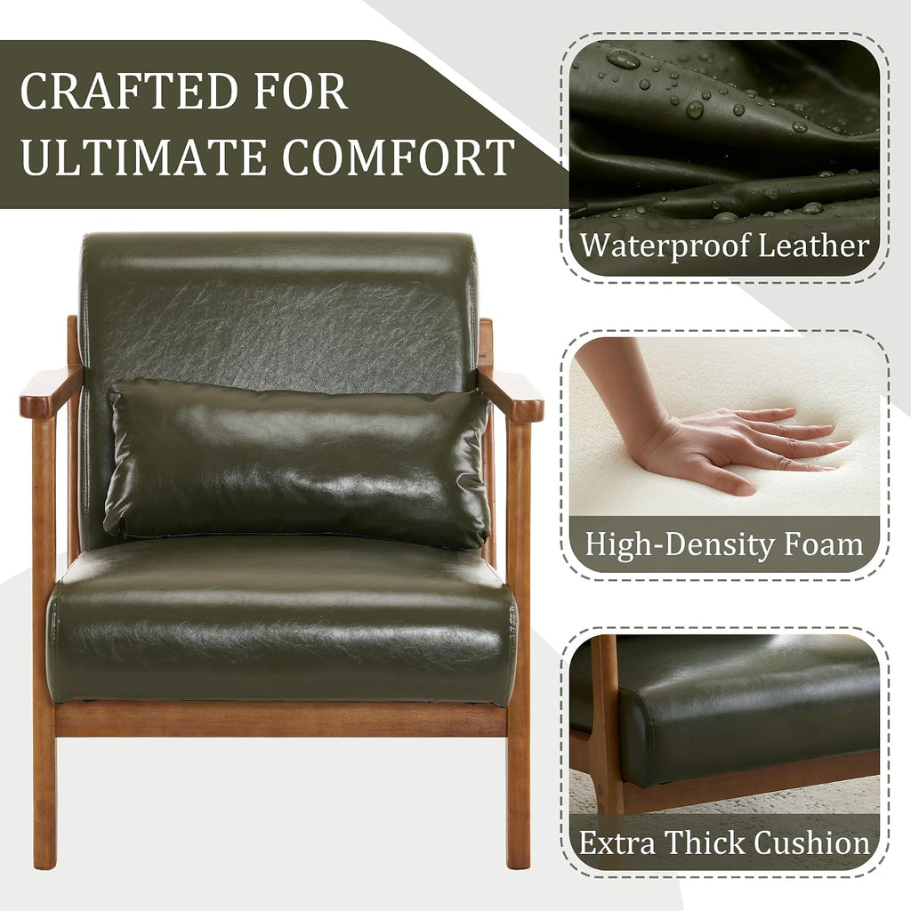 Accent Chair and Ottoman Set, Mid-Century Modern Faux Leather Upholstered Lounge Armchair with Pillow, Solid Wood - Set of 2