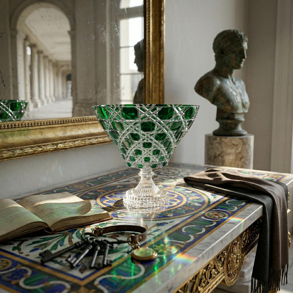 Verdura Emerald Cut to Clear Crystal Footed Bowl - Handcrafted Pedestal Centerpiece & Decorative Compote - Luxury