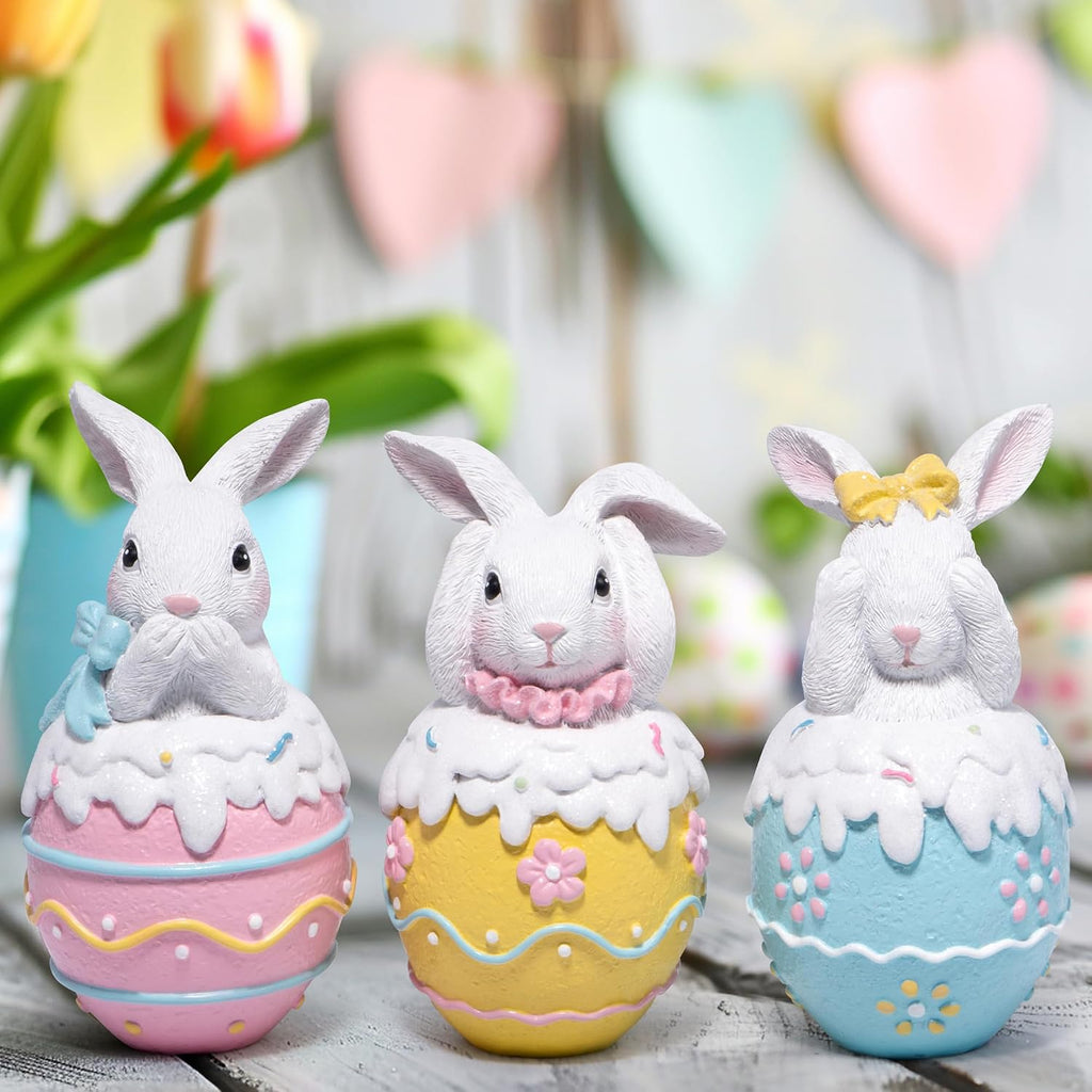 Easter Bunny Figurines - 5.3" Hand-Painted Resin Decorations with Pastel Easter Egg Design - Set of 3