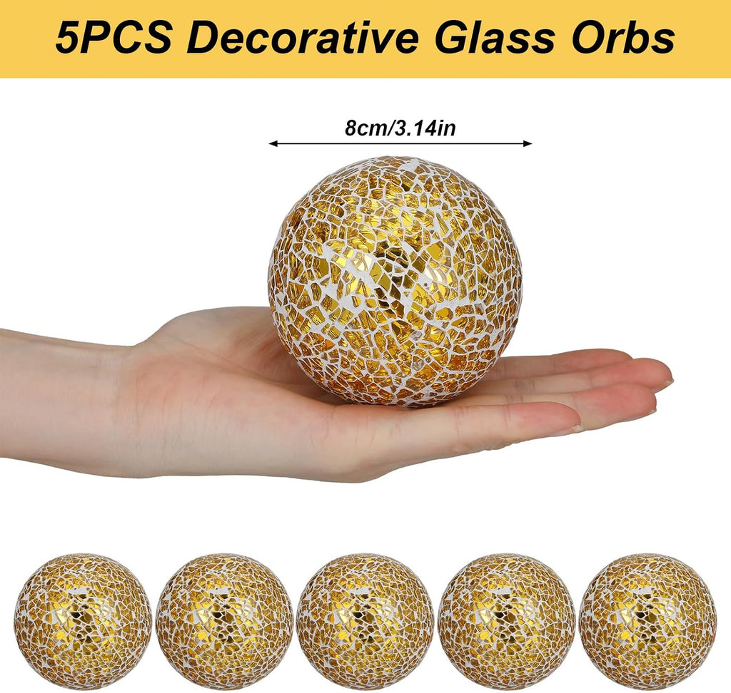 Decorative Balls for Bowls Gold Orbs Glass Balls Mosaic Glass Orbs Centerpiece Ball 3.1 Inch Decor Table Vase - Set of 5